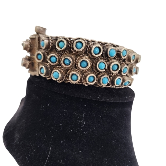 Rare Indian Antique Slivertone and Turquoise Necklace and Bracelet from 1950s - Picture 11 of 16